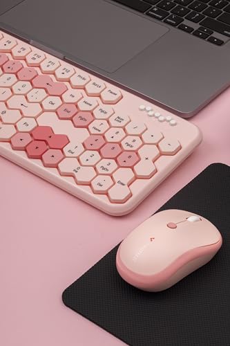 Petek Görünümlü Kablosuz Renkli Klavye Mouse Seti - Retro, Sessiz, Q Türkçe Dizayn (Pembe)
