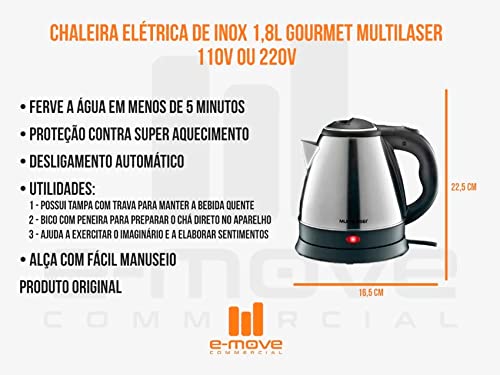 Chaleira Elétrica Gourmet de Inox 1.8 Litros Indicador de LED Multilaser - BE007