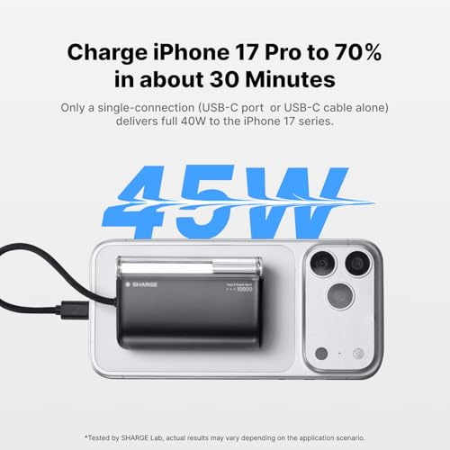 Image of sharge Mini Portable Charger 45W 10000mAh Power Bank, Fast Charging Battery Pack with Built-in USB-C Cable, Compact Portable Phone Charger Travel Essentials Powerbank for iPhone 17 /16