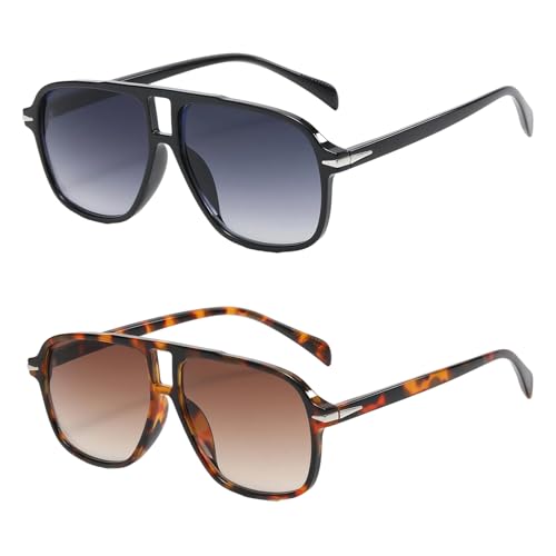Image of FveVqe 2Pcs Sunglasses Women for aviator, Retro Vintage Square, Sunglasses Men's Vintage 70s Pilot Style(Gradation Grey and Gradation Brown)