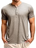 Runcati Męski T-shirt z krótkim rękawem, Henley, na lato, regularny krój, top, okrągły dekolt, jednokolorowa, basic, casualowa, z listwą guzikową, khaki, L