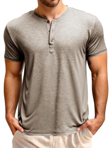 Image of Runcati Men's Short-Sleeved Henley Shirt Summer Regular Fit Tops Men Crew Neck Plain Basic Shirt Casual Tee Tops with Button Placket, Khaki, XL