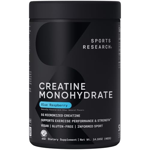 Image of Sports Research Creatine Monohydrate Powder 5g, Blue Raspberry (14.18oz) | Gain Lean Muscle, Improve Performance & Strength & Support Workout Recovery | Sugar Free, Vegan, Non-GMO - 60 Servings