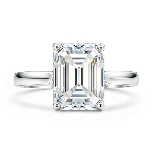Qitian 4CT Moissanite Ring for Women - Emerald Cut Moissanite Engagement Ring 925 Sterling Silver Promise Rings D Color VVS1 Clarity Moissanite Wedding Rings for Women(Size 6