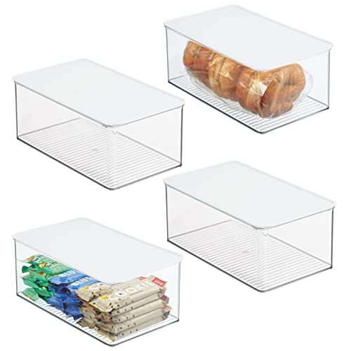 Black Friday Sale 2022 mDesign Plastic Stackable Kitchen Pantry Box for Cabinet, Refrigerator, Pantry, Counter, Food Storage Container, Attached Lid - Organizer for Coffee, Tea, Packets, Snack Bars, 4 Pack - Clear/White