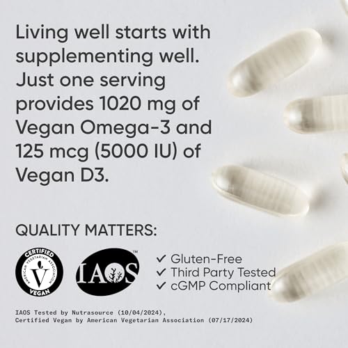 Image of Sports Research Vegan Omega-3 with Vitamin D3 Softgels - 1020mg Omega-3 & 5000iu D3 Supplement - Fish Oil Alternative with Vitamin D Plant-Based Support from Algae Oil - 60 Veggie Softgels for Adults