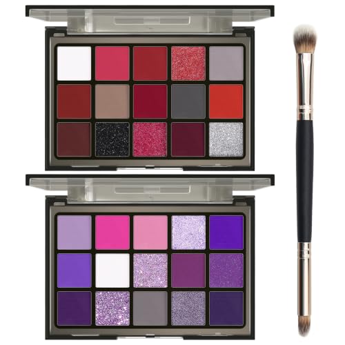 Image of UCANBE 2pcs Eyeshadow Palette Makeup Set, Red Purple 15 Colors Shimmer Matte Metallic Eye Shadow Pallet with Soft Brush Eye Make Up Kit for Halloween Cosplay Costume Joker Clown Vampire Witch Ursula