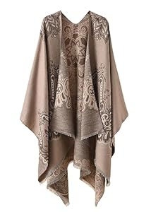 ORANDESIGNE Poncho Châle Femme Écharpe Cape Épaisse Elégant Chaud Automne et Hiver Grand Taille Foulard Chaud Ouverture Faux Cachemire Douce Châle Imprimé Ethnique Longues Écharpes D Kaki