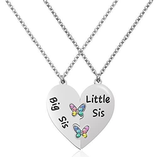 MJartoria Best Friend Necklaces BFF Necklace for 2 Friendship Valentines Gifts Matching Heart Pendant Necklace Best Friends Forever (Silver, Big Sis Little Sis+Butterfly)