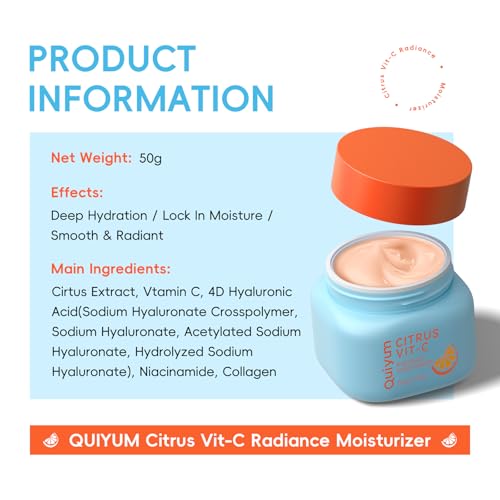 QUIYUM Vitamin C Face Cream, Citrus Radiance Moisturizer with Niacinamide & Hyaluronic Acid, Hydrating Facial Skin Care for Dullness & Uneven Skin Tone, Daily Glow Face Lotion for Women & Men, 1.76oz