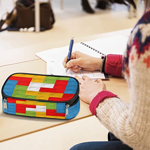 Image of Building Block Big Capacity Pencil Pen Case Colorful Large Pencil Pouch with Zipper Compartments Pencil Bag for Boys Girls Adults Student Office School Supplies