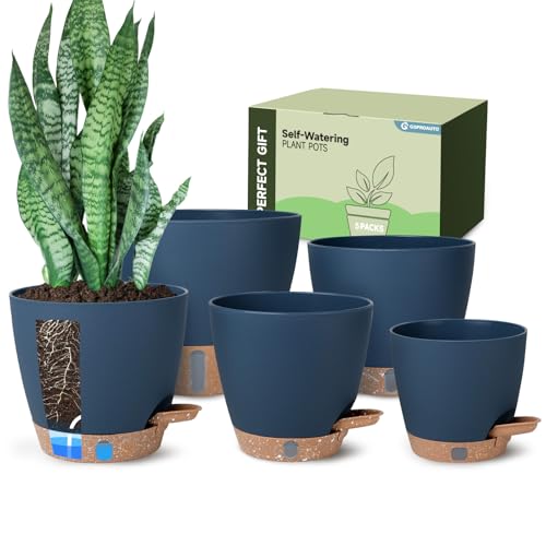 Goproauto Self-Watering Pots for Indoor Plants with Visible Water Window,5/6/6.5/8/10 Inch Outdoor Flower Pots with Drainage Holes & Reservoir for Patio, Home Decor (Blue)