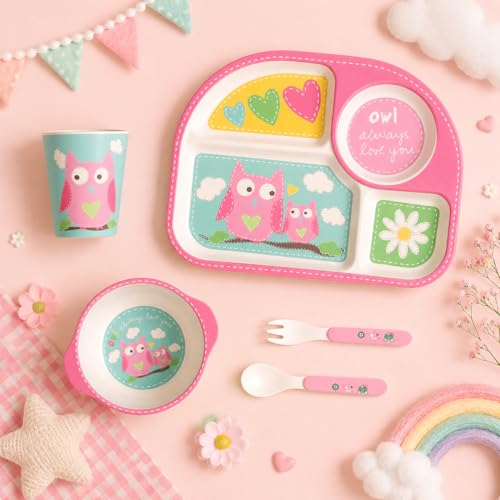 Image of Bamboo Kids Feeding Set of 5 |Kids Crockery Set Tableware |Baby Utensils and Dishes Set | Eco-Friendly |Organic & Natural (Observant Owl..)