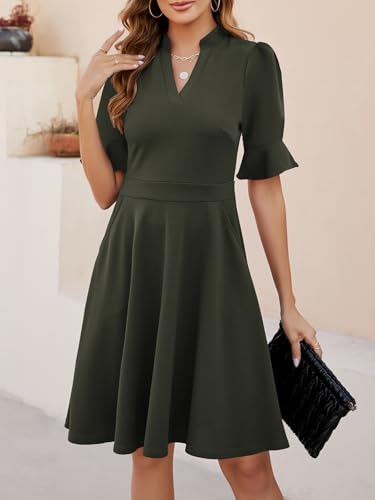 Image of Mokayee Womens Summer V Neck Ruffle Short Sleeve Fit and Flare Knee Length Church Wedding Guest Dresses with Pockets