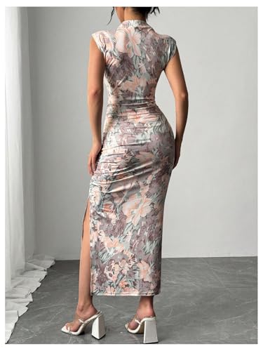 Image of BEAUDRM Women's Floral Print Midi Bodycon Dresses Split Thigh Ruched Mock Neck Fitted Tank Dress