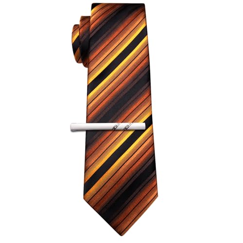 Image of Barry.Wang Silk Men Ties Formal Stripes Necktie and Tie Clip for Wedding Party Business Fashion Classic