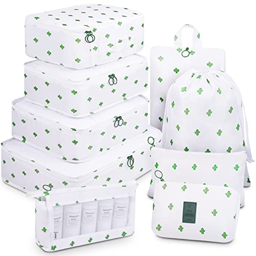 Mossio 9 Set Packing Cubes with Shoe Bag & Electronics Bag - Luggage Organizers Suitcase Travel Accessories, White Cactus, Large