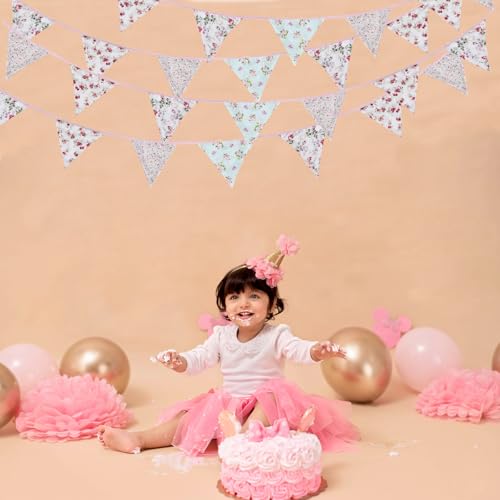Image of Zwiebeco 32Ft Vintage Pink Blue Floral Fabric Bunting Triangle Flags Cotton Retro Flowers Pennant Banner Party Decorations for Birthday Wedding Engagement Spring Rustic Village Home Garden Decor