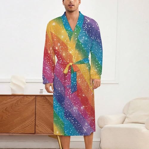 Glitter RainBow Pattern Soft Robe Long Sleeve Bathrobes V Neck Sleepwear Spa Robes with Belt Men Woman2