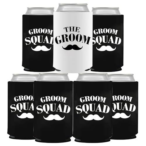 BachpartyGifts Bachelor Party Favors 7 Pcs Can Cooler Sleeves Groomsmen Beer Can Cooler for Party Decorations.(Groom Squad)