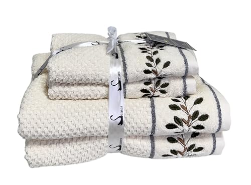 Image of SENSES By Riba Cotton Embroidered Towel Set, 550 GSM Soft & Absorbent, Antimicrobial, Oeko-Tex Certified | Ideal for Home & Gifting, Pack of 4 (2 Bath 27 inchX50 inch + 2 Hand Towels 16 inchX26 inch) - Style 19