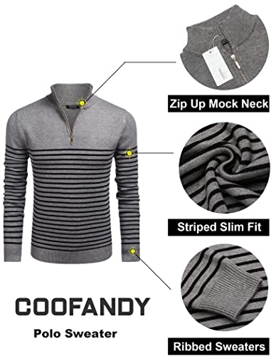 Coofandy Black And Grey Striped Long Sleeve Sweater Mens Zip Up Mock Neck Sweater (Grey, M) #TOP4