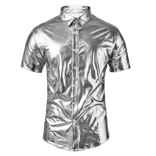 Image of Zando Men's Disco Shirt, Sequin Button-Down for 70s Parties & Halloween | 65% Cotton Blend with Soft-Touch Feel, Spotlight Sequin Look, 70s Disco Party Style, Halloween & New Year Costume Shirt
