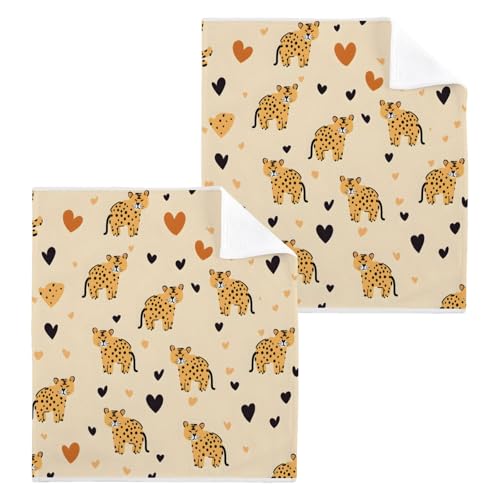 ALAZA Wash Cloth Set 100% Cotton Fingertip Towels Face Cloths Sets Leopard Heart Highly Absorbent Soft Feel Set of 2