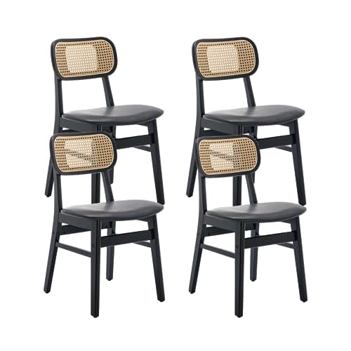 CIMOTA Rattan Dining Chairs Set of 4, Farmhouse Boho Kitchen Chairs with Sherpa Cushion, Woven Cane Back and Solid Wood Legs, Upholstered Dining Room Side Chairs (Bcoule White)