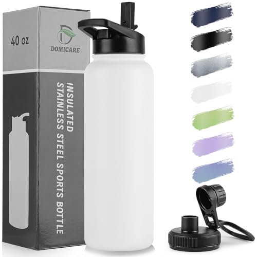 DOMICARE 40 oz Insulated Water Bottle, Vacuum Insulated Stainless Steel Sports Water Bottle with Straw Lid & Spout Lid, Leakproof, Reusable - Travel, Camping, Bike, White