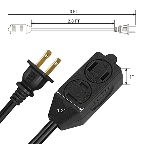Dewenwils 3 Outlet Extension Cord, 2 Prong Extension Power Strip, 3Ft 16 Awg Power Cord For Indoor Use, Black, Ul Listed, 3 Pack #TOP6