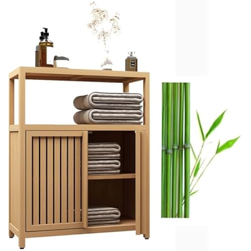 Bathroom Storage Cabinet, Bamboo Sideboard Cabinet Furniture Large Capacity with Open Shelf and 2 Doors Floor Standing Cabinet (32" Cabinet)