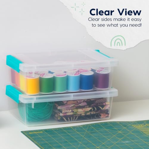 IRIS USA 2 Qt. Craft Storage Bins with Lids, 6-Pack, |Made in USA|, Clip Box, Small Plastic Sensory Bin Tote Organizer Containers for Art Supplies, Paper, & Office, Stackable - Clear/Seafoam Blue - Image 7