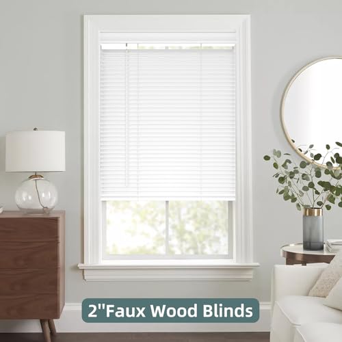 Romswi Faux Wood Blinds 2 inch - Custom Blinds for Windows, Elegant Cordless Window Blinds for Inside/Outside Mount (Actual Size 26.5\" W x 64\" H) White - Thumbnail 2