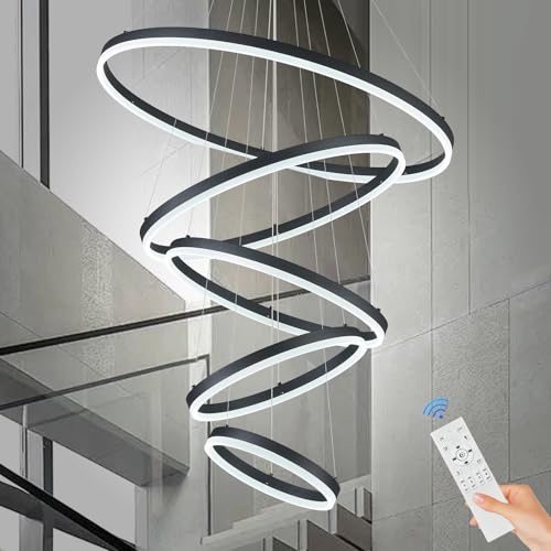 Sparklelf 5-Rings D31.5in Modern LED Chandelier Black Dimmable High Ceiling Chandeliers Foyer with Remote Control for Entryway Living Room Dining Room Staircase, 3000K-6500K