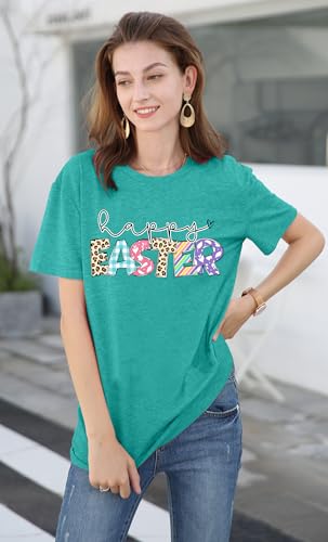 Image of Women Happy Easter T Shirt Bunny Rabbit Graphic T-Shirt Funny Letter Printed Shirts Short Sleeve Tops
