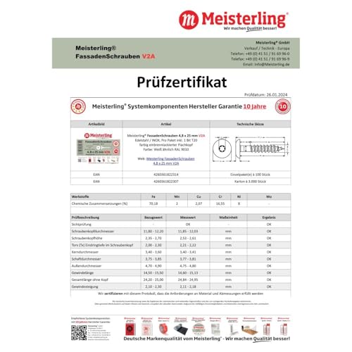 100x MEISTERLING® Fassadenschrauben INOX V2A 4,8 x 25 mm – Flachkopf Torx T20 + 1 Bit – Weiß