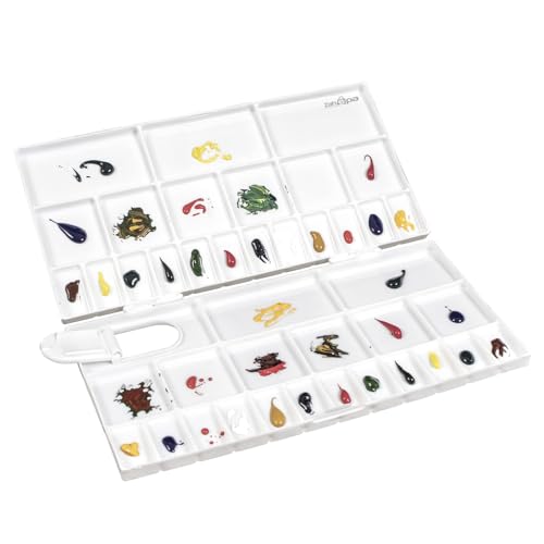 ZAHEPA Large Folding Palette Box with Thumb Hole, 41 Compartments, 24 Wells & 12 Mixing Areas, Acrylic & Watercolor Mixing Tray with Lid Plastic, Art Palette for Artists,Travel Paint Box- White
