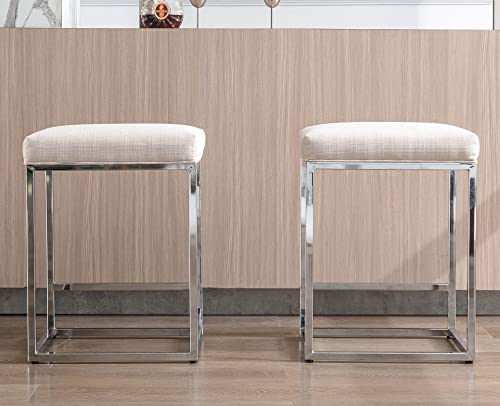 Vescasa Linen 24 Inch Counter Height Bar Stools With Footrest, Modern Mid Century Backless 2.75" T Upholstered Kitchen Bar Stools With Chrome Metal Frame Set Of 2, Cream #TOP2