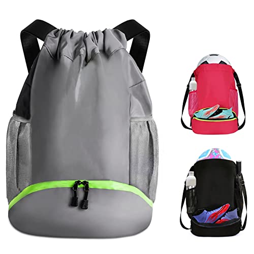 Suaetiai Soccer Bags, Waterproof Drawstring Gym Backpack for Baskestball Rugby Volleyball Yoga, Large Capacity Sports Bag (Grey)