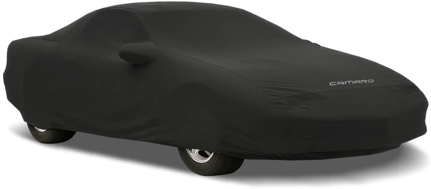 Moda Stretch Black Custom Car Cover, Fits Chevrolet Camaro Gen 6 (2016–2024), Officially Licensed Logo - Indoor Stretch-Fit Protection, Soft Fabric, Includes Storage Bag