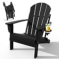 POLYDUN Adirondack Chair with Cup Holder, Folding HDPE Patio Chairs, Outdoor Plastic Fire Pit Chair, Wood Texture, Lawn Chairs for Deck, Porch, Backyard, Garden, Black