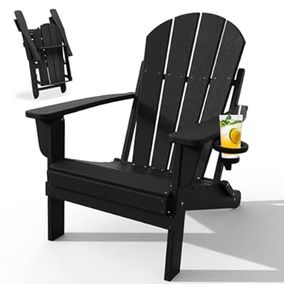 POLYDUN Adirondack Chair with Cup Holder, Folding HDPE Patio Chairs, Outdoor Plastic Fire Pit Chair, Wood Texture, Lawn Chairs for Deck, Porch, Backyard, Garden, Black