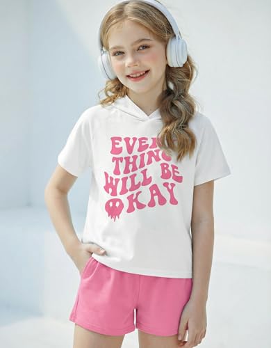 Image of Girls Summer Outfits Kids Hooded-Shirts and Elastic Waist Shorts Sets | short sleeve drop shoulder hooded shirt and shorts with two pockets tie dye leopard letter