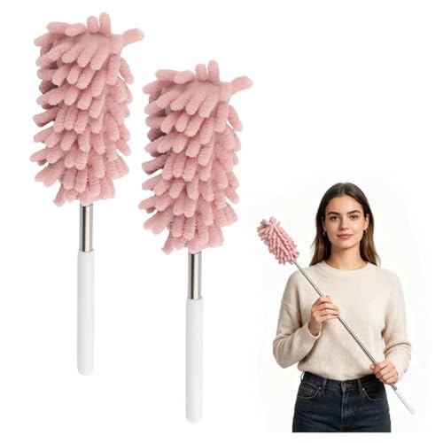 2PCS Car Duster Interior with Bendable Head & Retractable Extension Pole,Pink Microfiber Duster for Car Interior Detailing Cleaning,Universal Cars Interiors Dusters Cars Tools