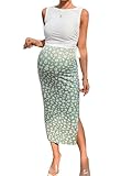 Milumia Women's Maternity Outfits 2 Piece Eyelet Ruched Tank Top and Floral Double Slit Midi Skirt Sets Light Green Large