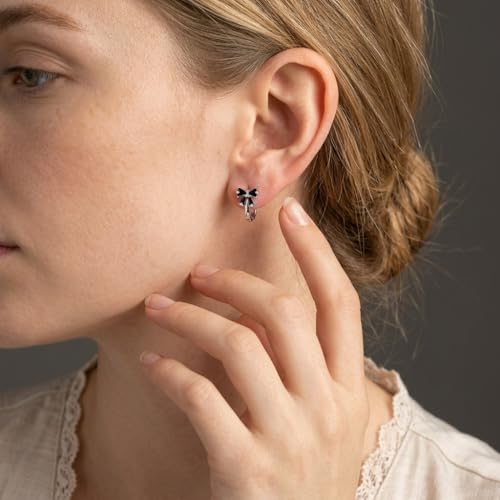 Image of Reffeer Solid 925 Sterling Silver Bow Hoop Earrings Huggie for Women Teen Girls Black CZ Bowknot Hoop Earrings Ribbon Cartilage Huggie