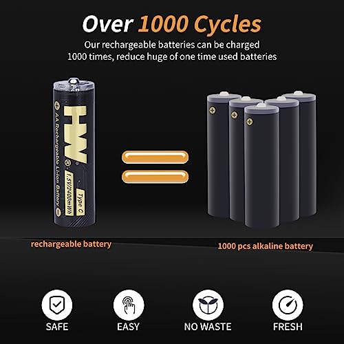HW USB Rechargeable AA Batteries 4 Pack, Lithium Batteries Rechargeable with Type-C Charger Cable, Double a Batteries, Constant Output 1.5V, 1.5H Fast Charging, 1000 Cycles image 3