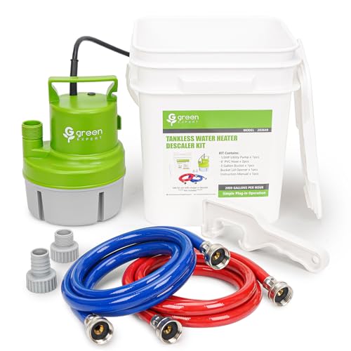 Tankless Water Heater Flushing Kit, 6-in-1 Descaling Kit with 1/3HP Utility Pump, 3-Gallon Bucket w/Lid Opener, 2×6ft 3/4" GHT Red&Blue PVC Hoses, Wrench & Adapter, for Isolation Valves