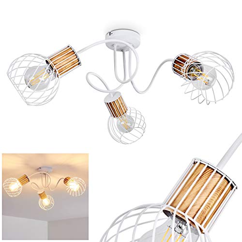 HOFSTEIN Deckenleuchte Koler, verstellbare Deckenlampe aus Metall in Weiß/Holzoptik, moderne Leuchte im Retro/Vintage-Design, Lichteffekt durch Gitter-Optik, 3 x E27, Wohnzimmer, Esszimmer, Küche